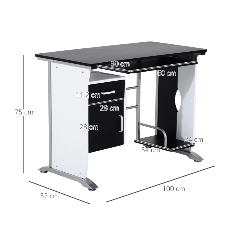 Black Computer Desk with Sliding Keyboard Tray, Storage Drawers & Host Box Shelf - Home Office Study Workstation 100x52x75cm