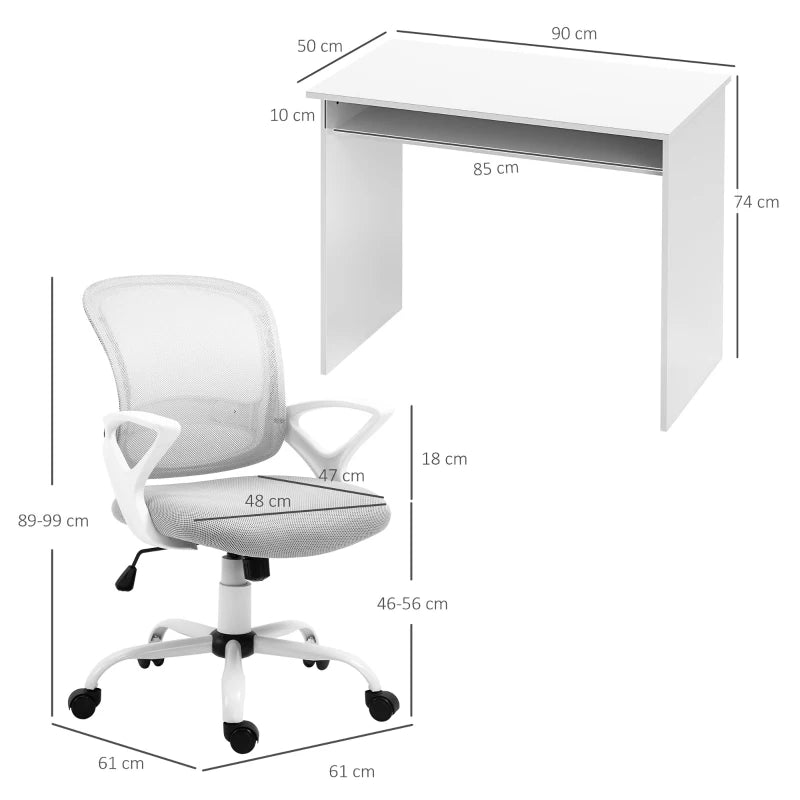 Vinsetto Home Office Chair & Computer Desk Set - Mesh Swivel Chair & High Gloss White Grey Study Desk with Storage