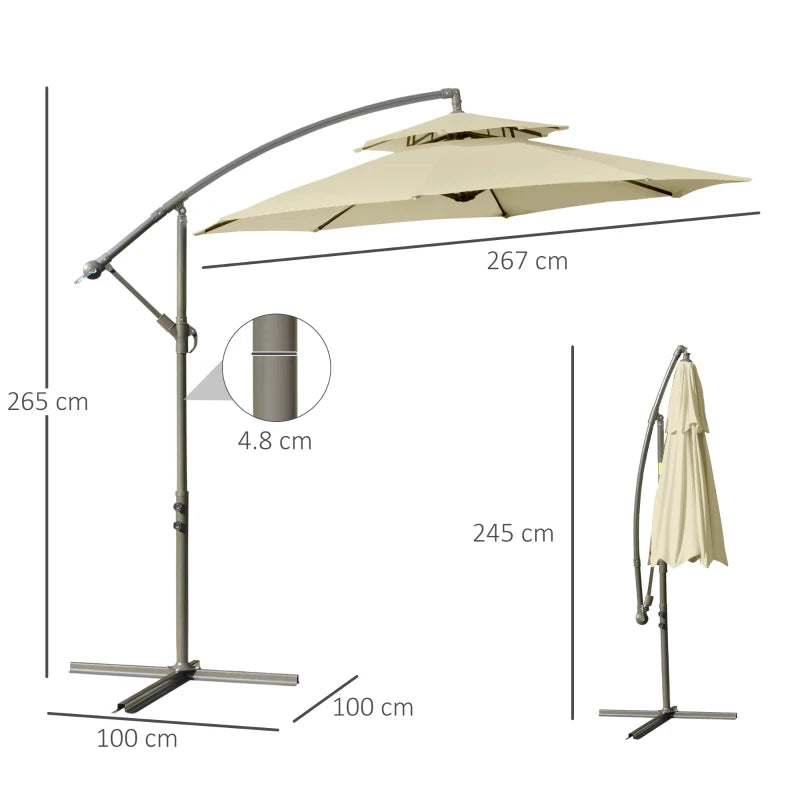 Beige Double Tier Cantilever Garden Umbrella with Crank Handle