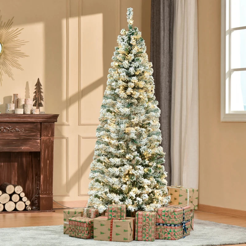 6FT Prelit Snow Flocked Christmas Tree with Warm White LED Lights - Festive Holiday Home Decoration in Green & White