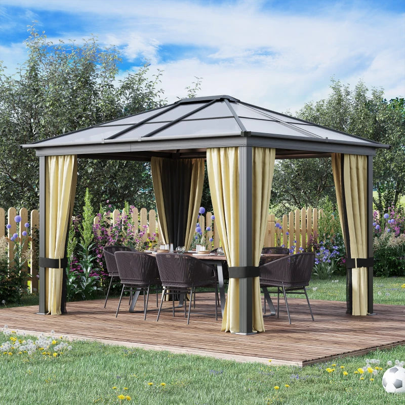 Brown 3m x 3.6m Garden Gazebo with Aluminium Structure, Insect Screens, and Drapes