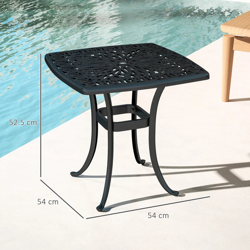 54 x 54cm Black Cast Aluminium Outdoor Garden Table with 38mm Umbrella Hole and Anti-slip Foot Pads for Patio and Balcony