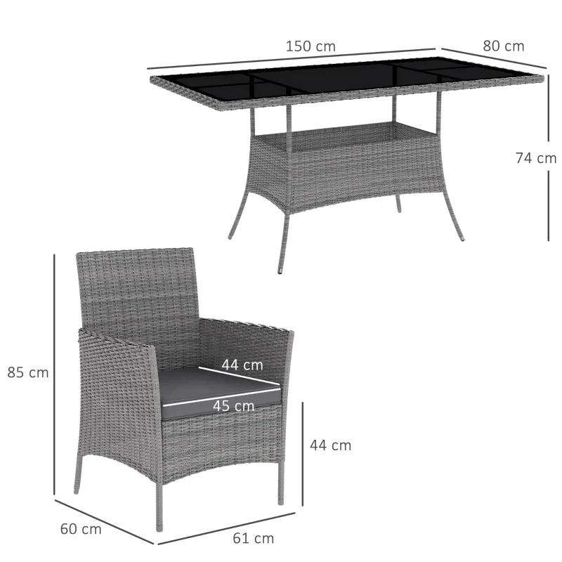 7-Piece Grey Rattan Garden Furniture Set - 6 Seater Dining Set with Cushions and Rectangular Glass Top Table