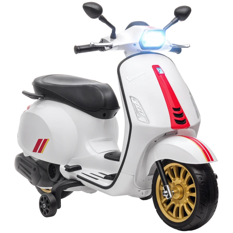 Licensed 12V Kids Electric Vespa Motorbike with Music Headlights FM Radio for Ages 3-6 White