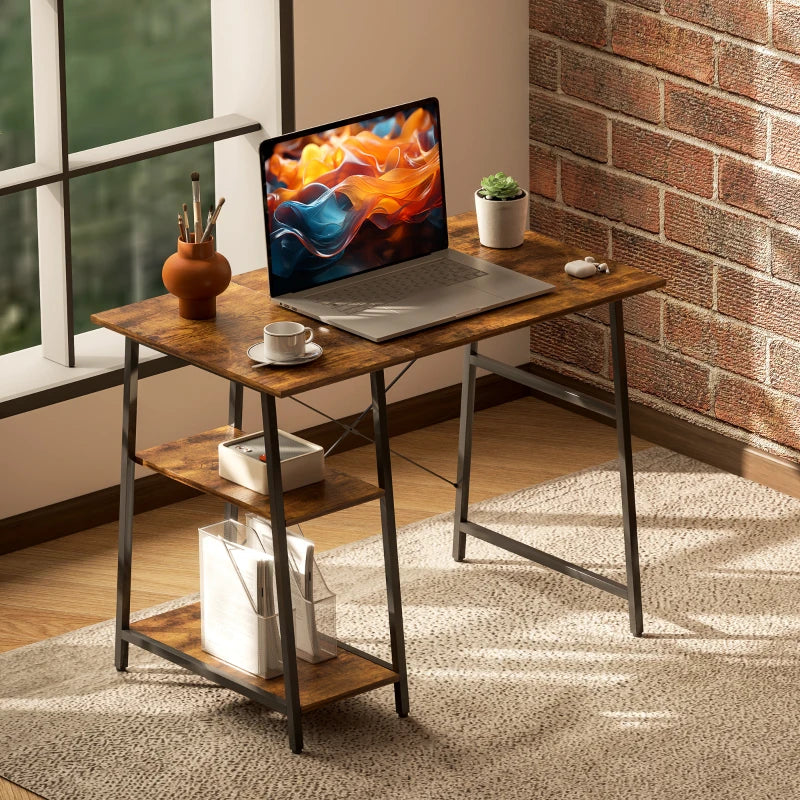 100cm Industrial Computer Desk with Storage - Rustic Brown Home Office Table, 2 Tier Shelves & Steel Frame for Study Room