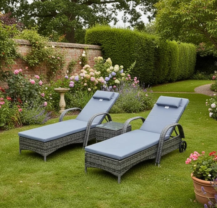Grey Rattan Sun Lounger Set with Recliners and Coffee Table