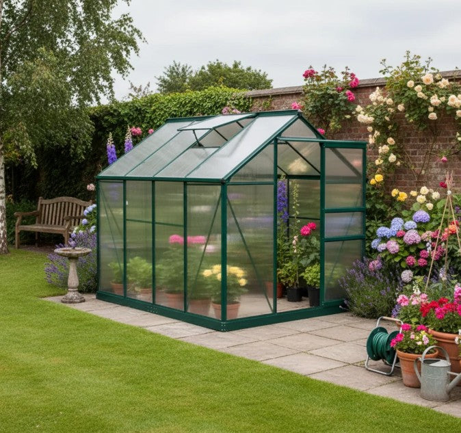 Dark Green 6ft x 8ft Polycarbonate Walk-In Greenhouse with Sliding Door and Window