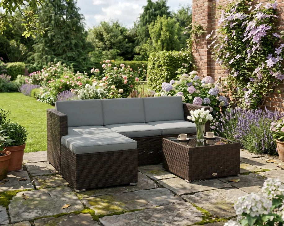 Light Grey 3-Piece Rattan Corner Lounge Set with Cushions – Compact Garden Conversation Sofa Suite