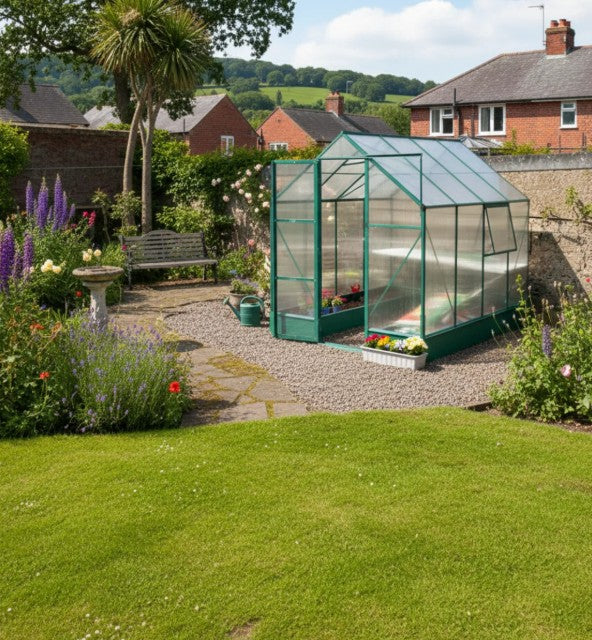 Green 6ft x 8ft Polycarbonate Greenhouse With Aluminium Frame and Temperature Controlled Window and Foundation