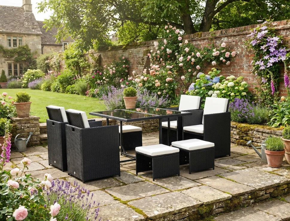 Black 9 Piece Rattan Dining Set With Glass Top Table & White Cushions