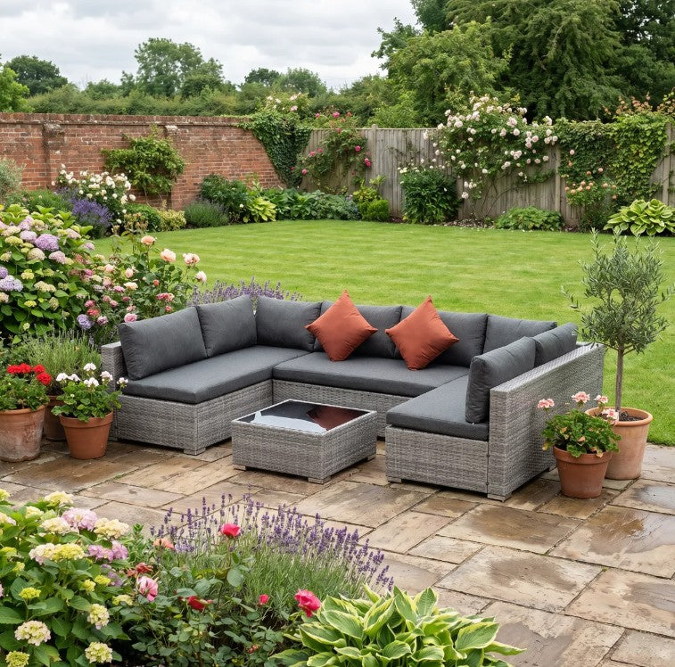 Grey Four-Piece 6 Seater Rattan Corner Sofa Set With Red Cushions