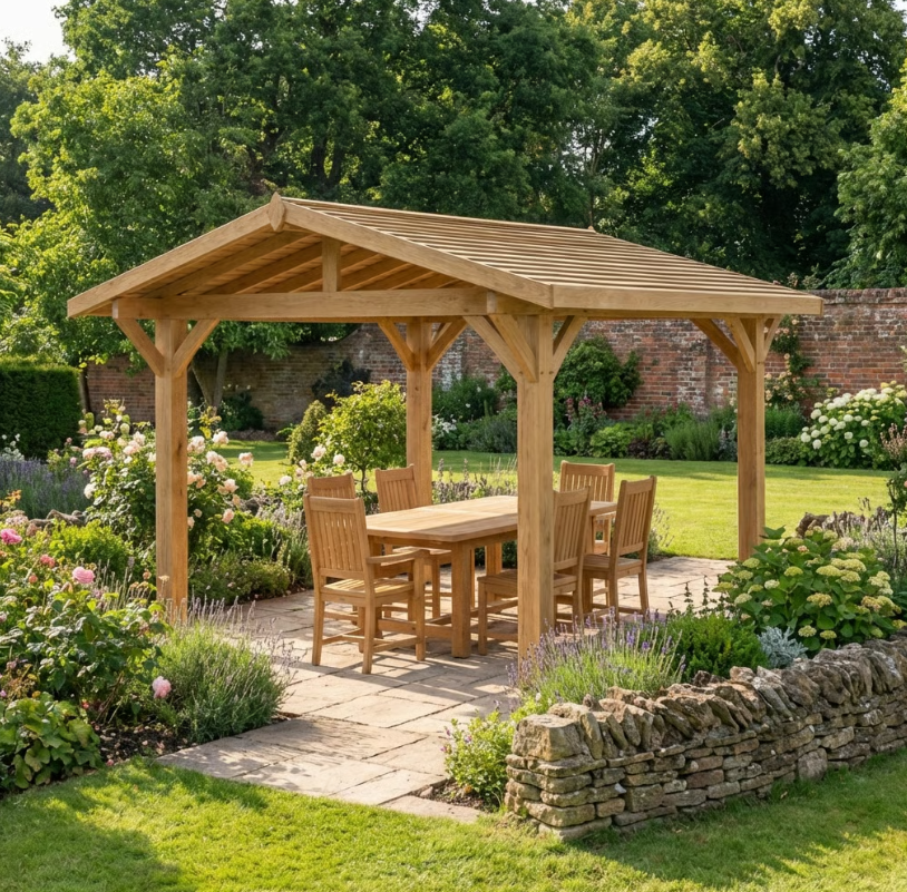 Ruby Oak Apex Gazebo with Treated Featheredge Roof and Overhang