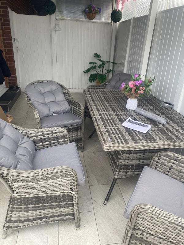 Grey 7-Piece Grey Rattan Outdoor Dining Set with Glass Table & Umbrella Hole