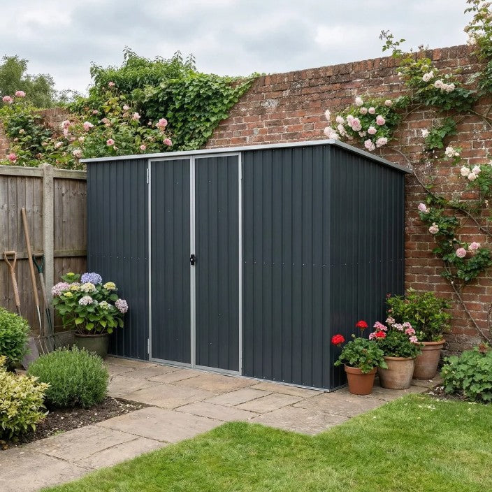 11ft x 5.6ft Dark Grey Steel Garden Shed With Lockable Doors and Gloves