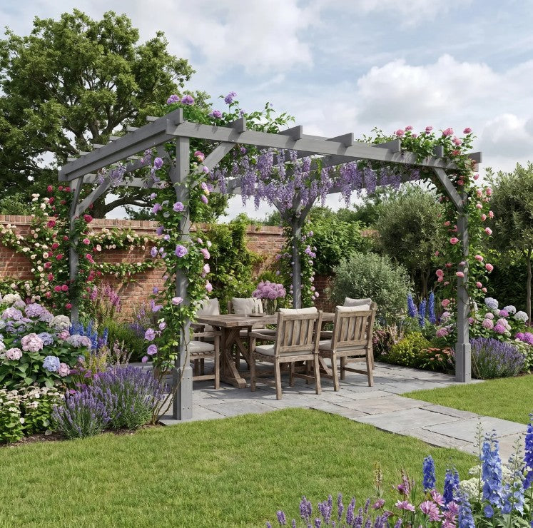 3m x 3m Wooden Pergola Kit Grey Garden Gazebo Shelter, Solid Fir Wood Outdoor Pergola with Stable Posts, Decorative Patio Arbour for Climbing Plants, Vines, Decking, Lawn & Garden Shade