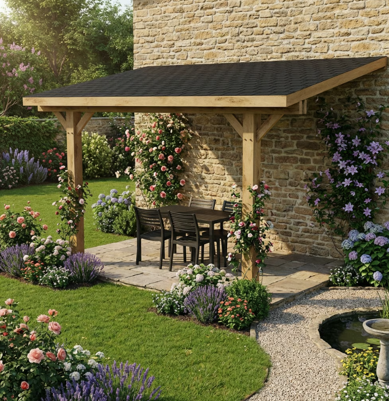 Ruby Oak Lean-To Gazebo with Katepal Black Shingle Roof