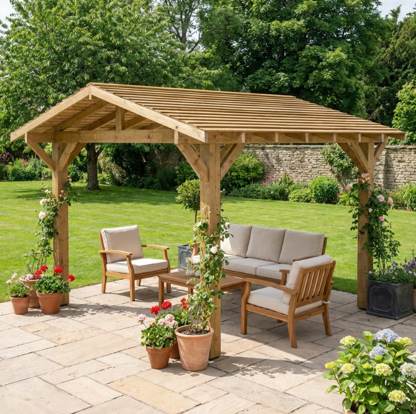 Ruby Wooden Apex Gazebo with Cedar Featheredge Roof – With Overhang Design