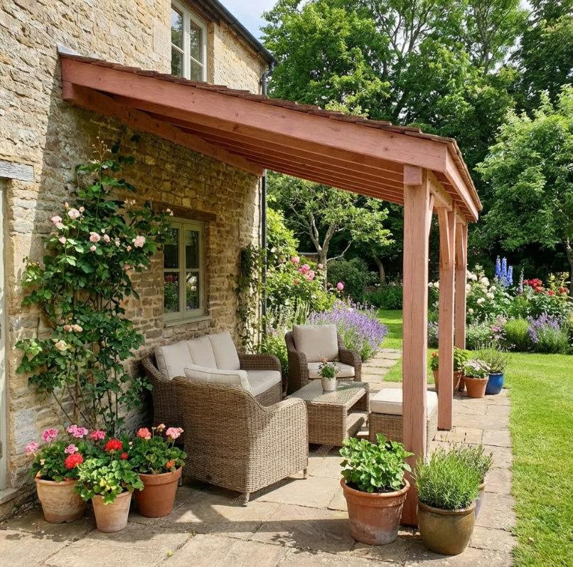 Planed Larch Lean-To Gazebo with Treated Featheredge Roof – Wall-Mounted Garden Shelter