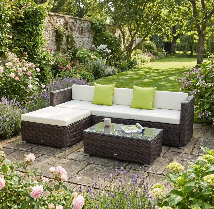 Brown L-Shaped 3 Seater Sofa With Beige Cushions and Glass Top Coffee Table