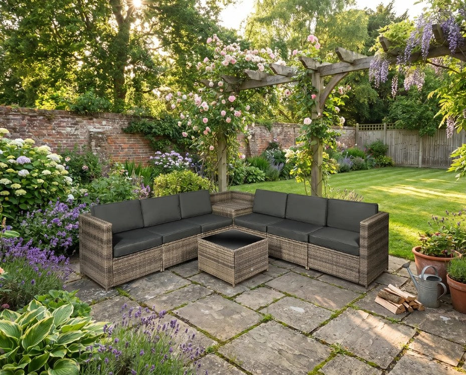 Brown 8 Piece Rattan Furniture Set with Cushions - x3 Two Seater Sofas With Table and Cushions