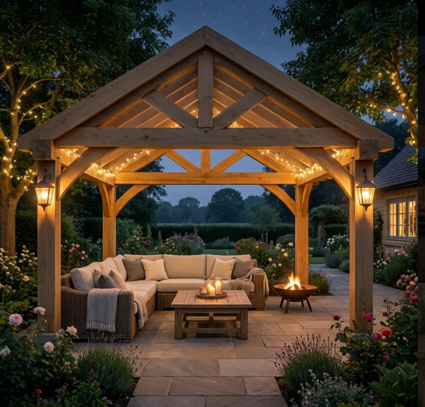 Ruby Oak Apex Gazebo with Treated Featheredge Roof and Overhang