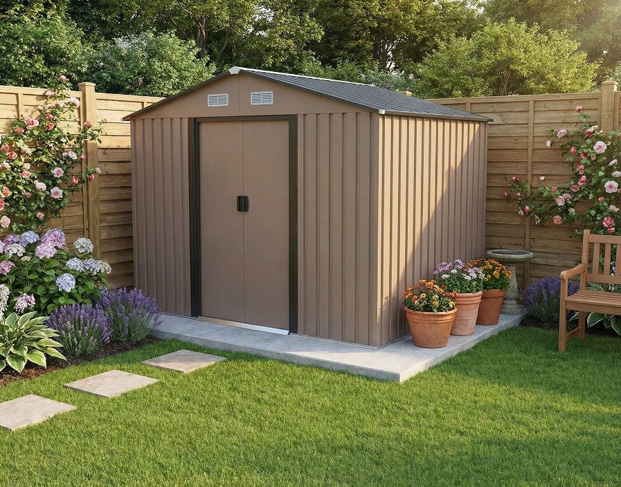 9ft x 6ft Outdoor Garden Storage Oasis with Foundation, Ventilation, and Rustic Brown Doors