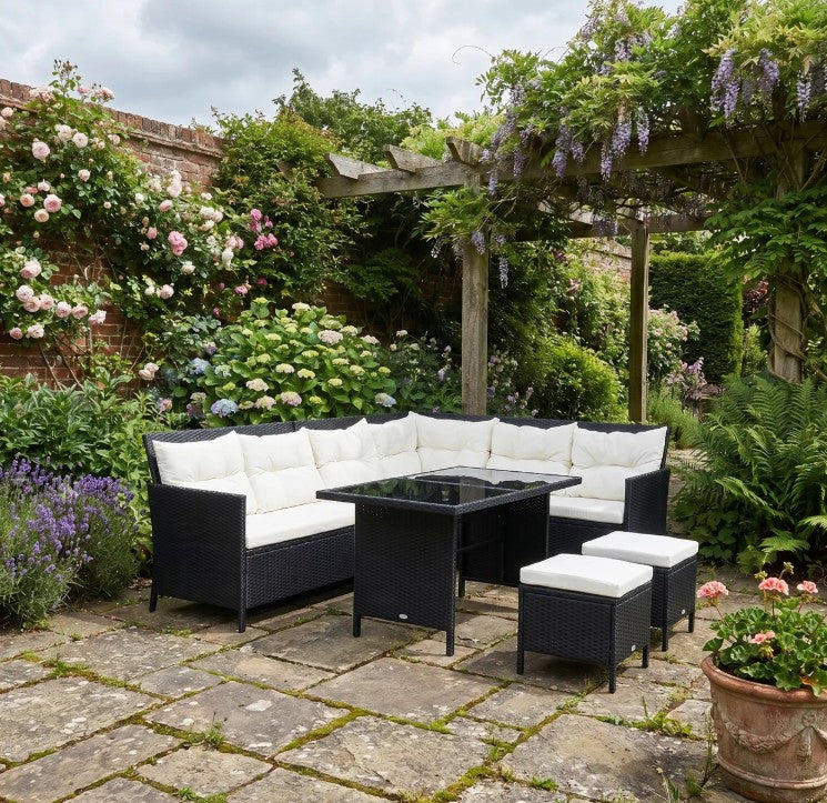 Black 8-Seater Rattan Wicker Corner Sofa Set With Table