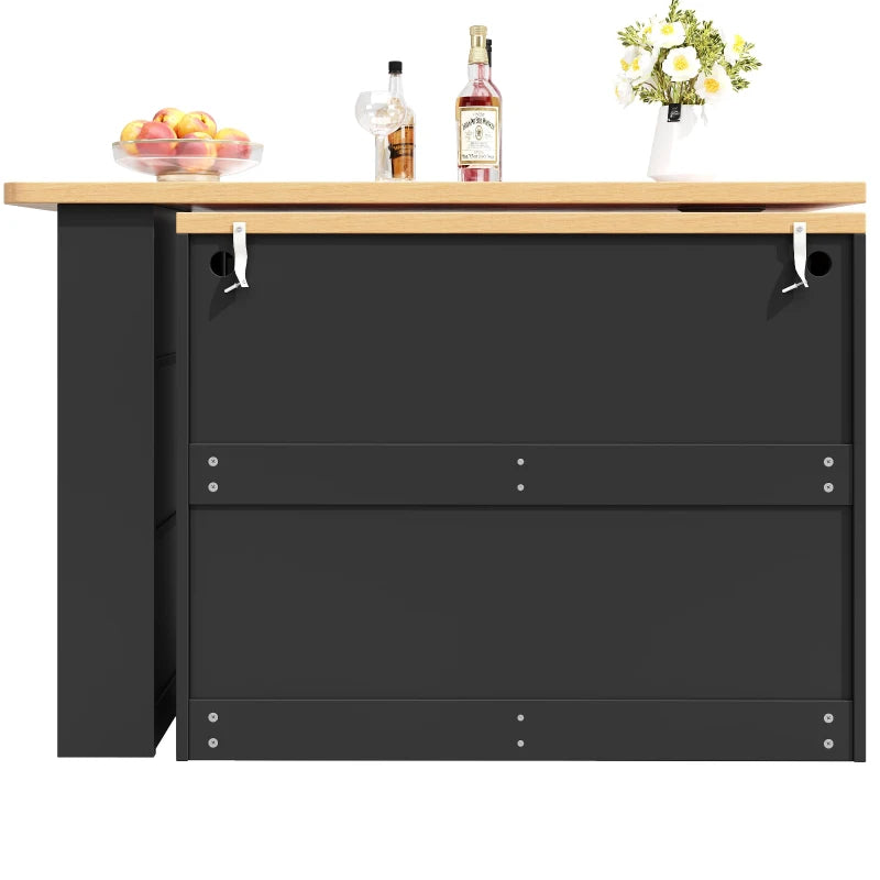 360° Rotating Bar Table with Spice Rack & Extendable Kitchen Island - 4 Drawers, Black, 135-203L x 39W x 93H cm