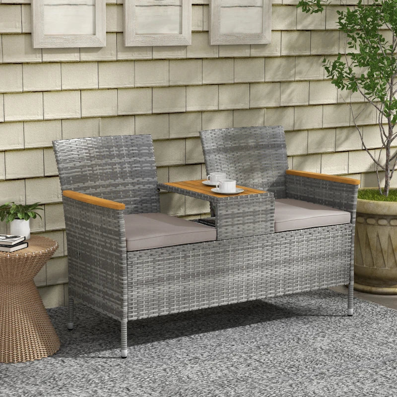 Grey Rattan Loveseat with Wood-Top Table