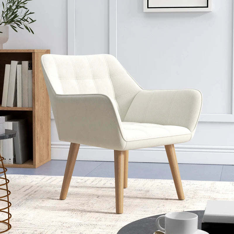 Cream White Accent Chair with Wide Arms, Slanted Back, Thick Padding and Rubber Wood Legs for Living Room