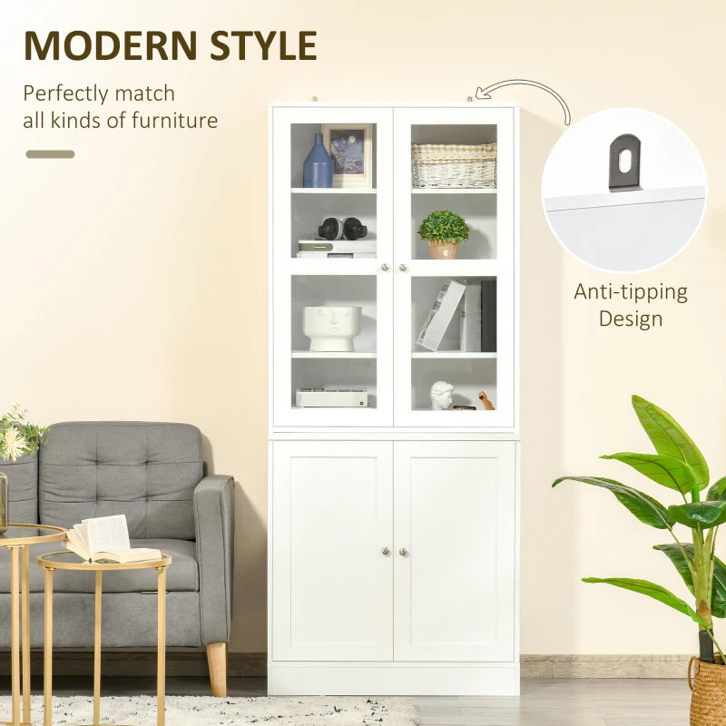 Modern White Bookcase with Glass Doors - Adjustable Shelves Display Storage Cabinet for Living Room, Study, Home Office & Kitchen