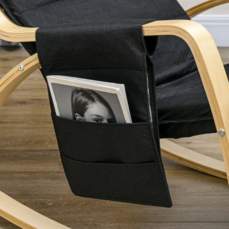 Adjustable Rocking Lounge Chair with Footrest, Side Pocket and Pillow for Ultimate Relaxation in Black