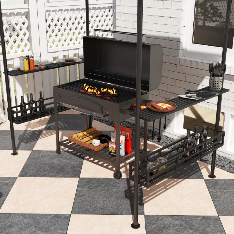 8' x 5' Beige Double Tiered Grill Gazebo Canopy with Side Shelves and Storage Baskets for Outdoor BBQ, Patio, and Picnic