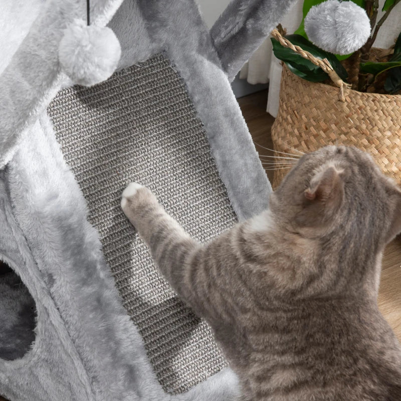 Two Tier Cat Tree for Indoor Cats - Plush Folding Activity Tower with Scratching Post, Hammock & Pom Poms - Grey