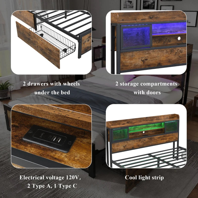 Metal Double Bed with LED Light Strip, USB Ports & 2 Drawers - Sturdy Iron Frame, Black, 207x135.5x83.5 cm