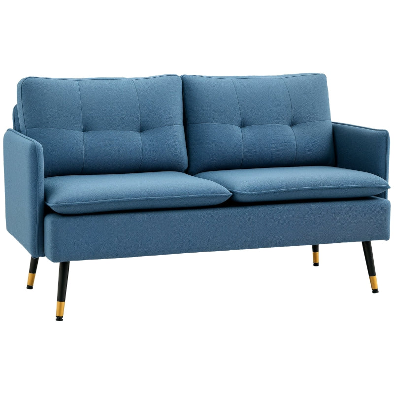 Modern Button Tufted Two Seater Sofa with Cushions and Steel Legs for Living Room, Dark Blue