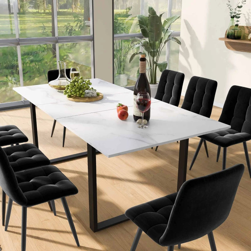 Telescopic Oblong Dining Table - Extendable MDF Marble Top with Iron Legs, 180x80x75 cm, Modern White Design for Dining Room