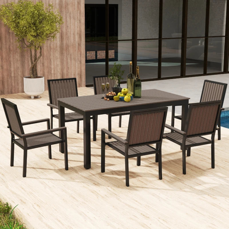 6 Seater Brown Garden Dining Set with Stackable Chairs, Rectangular Plastic Top, Aluminium Frame