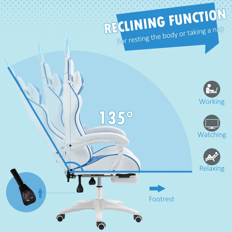 Vinsetto Racing Gaming Chair - Reclining PU Leather with Removable Rabbit Ears, Footrest & Lumbar Support - Blue