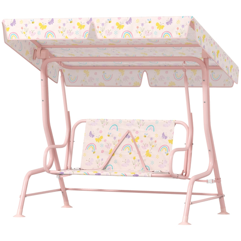 Kids Garden Swing Chair with Adjustable Canopy, Safety Belt, 2 Seater Hammock Swing Bench for Patio and Porch - Pink