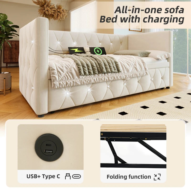 3 Seater Futon Bed with Fast Charging Ports and Removable Trundle for Overnight Guests Beige
