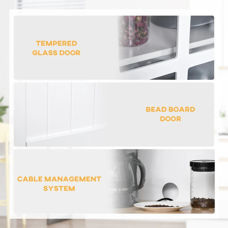 Freestanding Kitchen Cupboard with Glass Doors & 2 Drawers - Stylish White Storage Cabinet for Microwave & Kitchen Essentials