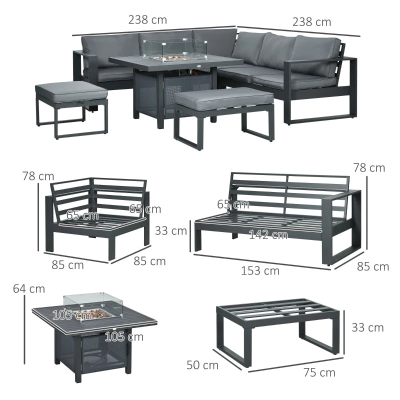 Grey Aluminium Corner Sofa Set With Fire Pit Table
