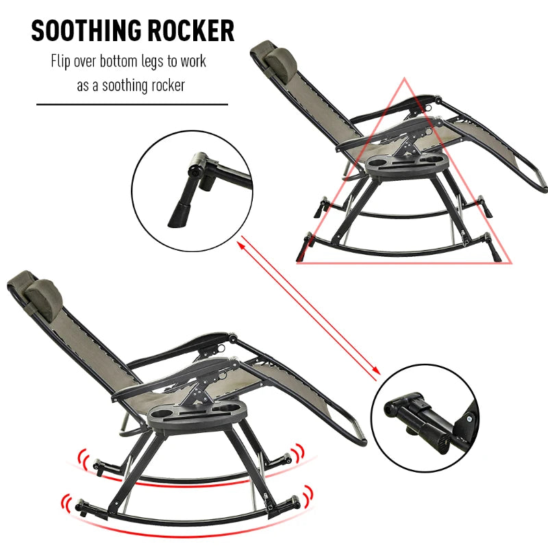 Grey Folding Rocking Sun Lounger Chair with Headrest and Side Holder