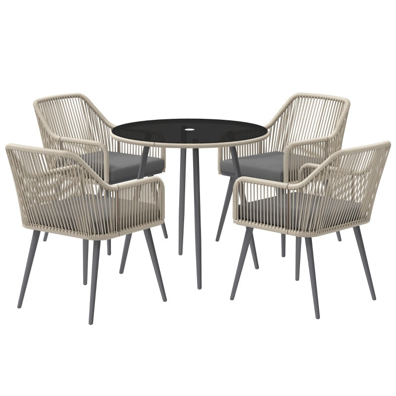 4 Seater Light Brown Rattan Dining Set with Cushions - Outdoor Round Glass Top Table and Chairs for Patio and Balcony