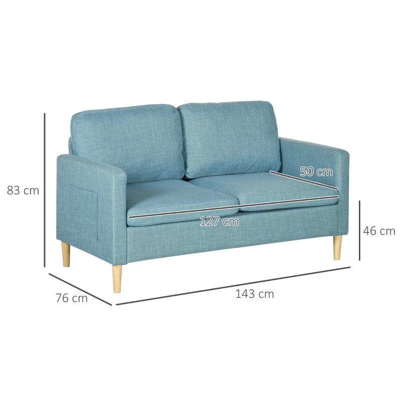 Modern Two-Seater Sofa for Living Room, Stylish Fabric Couch with Wooden Legs and Storage Pockets, Blue