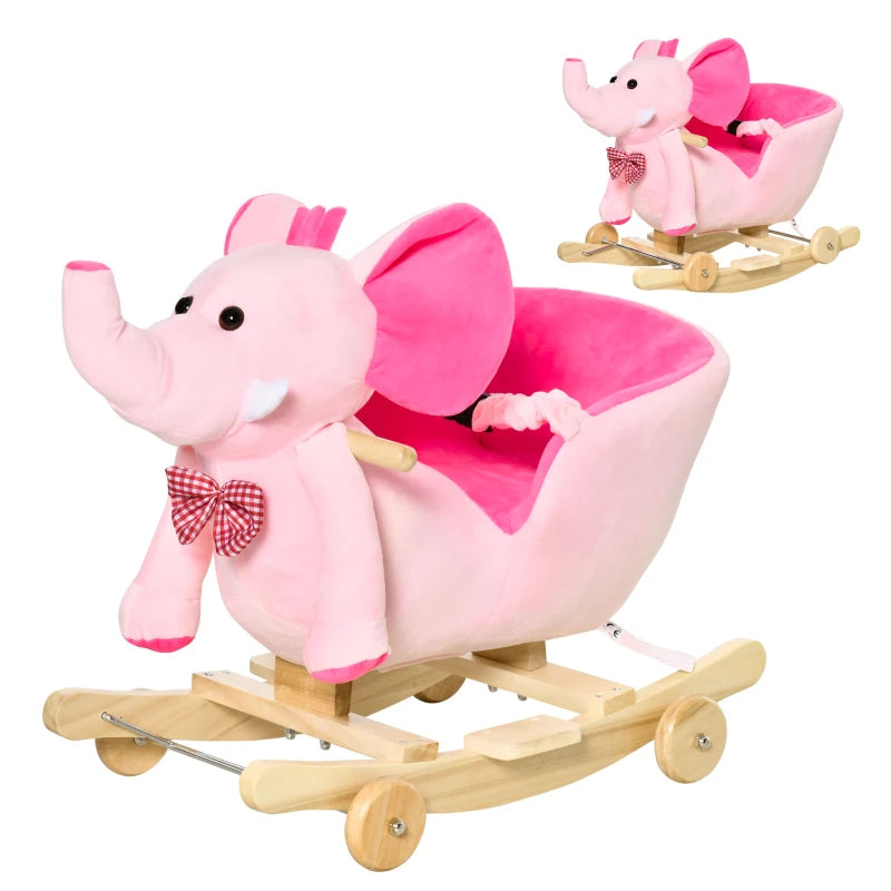 2-in-1 Plush Baby Rocking Horse Elephant with Wheels - Wooden Toy for Kids, 32 Songs, Ideal for 18+ Months (Pink)