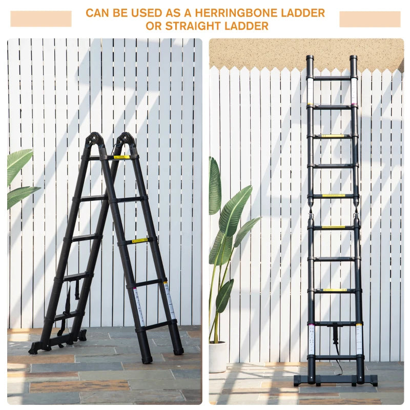 Black 10-Step Telescopic Aluminium Ladder for Home