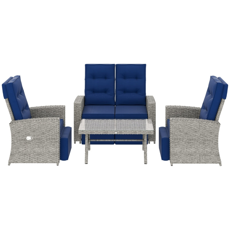 4 Piece Navy Blue Rattan Garden Furniture Set - Outdoor Sofa Sectional with Glass Top Table for Poolside