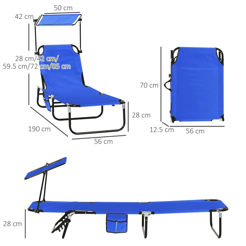 2 Piece Blue Folding Sun Loungers with Canopy - Adjustable Recliner Garden Chairs with Side Pocket, Steel Frame and Breathable Mesh for Outdoor, Pool, Beach, Garden